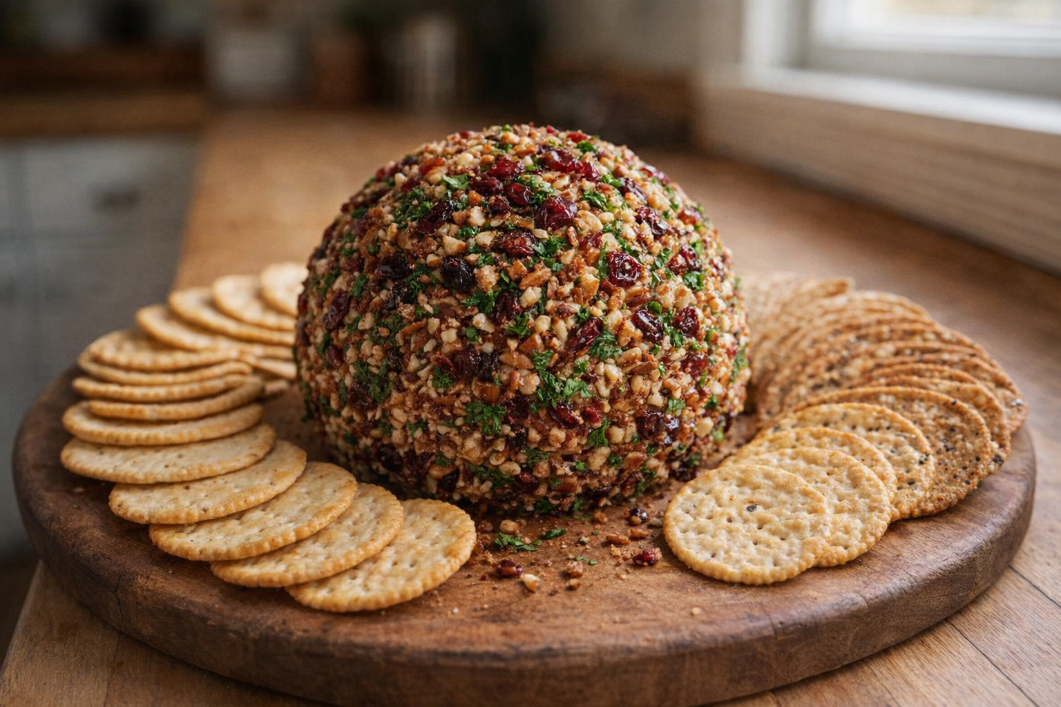 A perfectly round cheese ball coated in chopped pecans, parsley, and cranberries on a wooden serving board with an assortment of crackers.